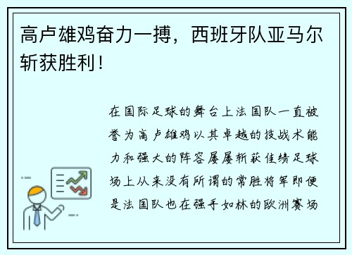 高卢雄鸡奋力一搏，西班牙队亚马尔斩获胜利！