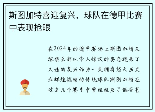 斯图加特喜迎复兴，球队在德甲比赛中表现抢眼
